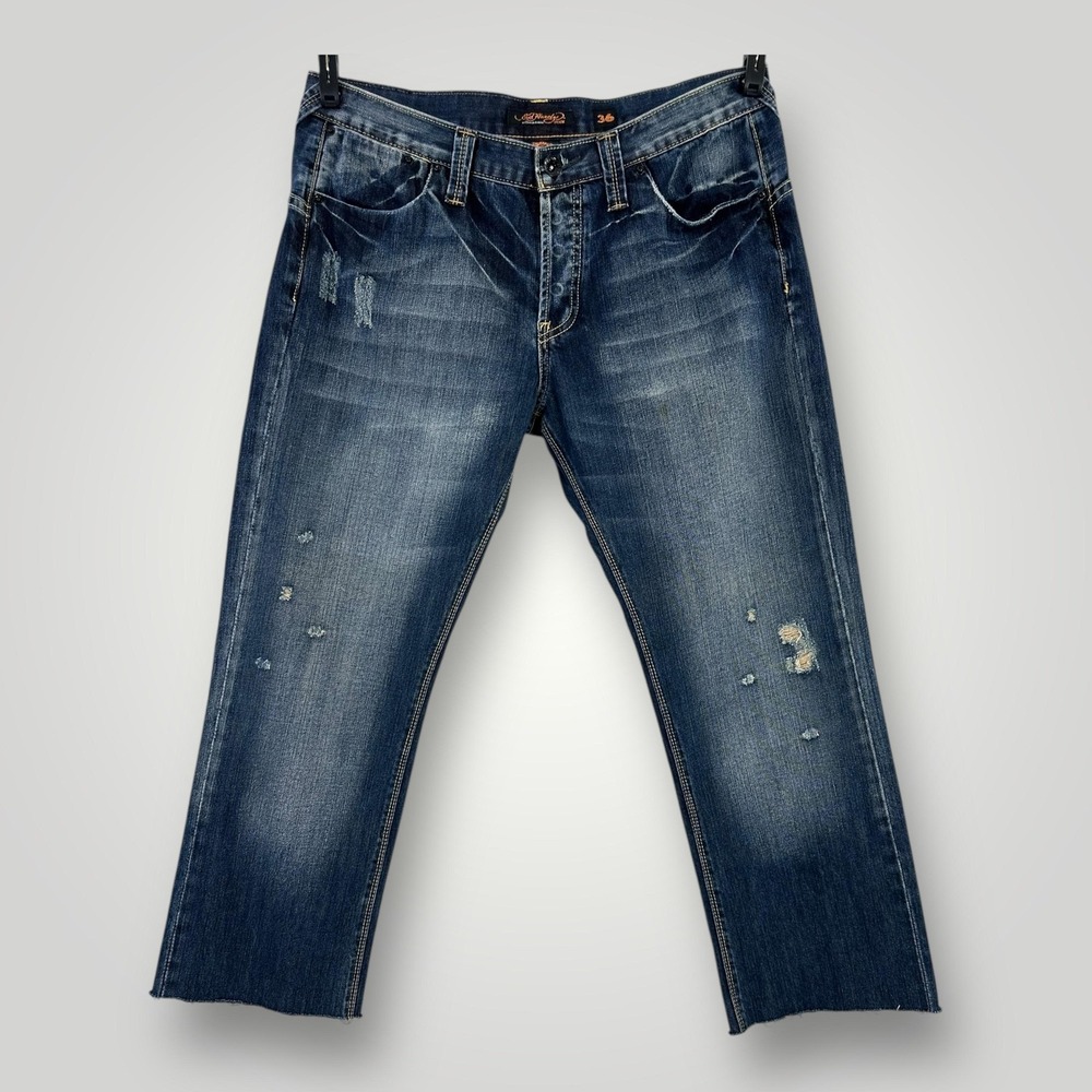 Ed Hardy Jeans Mens 38x30 Blue Medium Wash Distressed Straight Leg‎ Button Fly